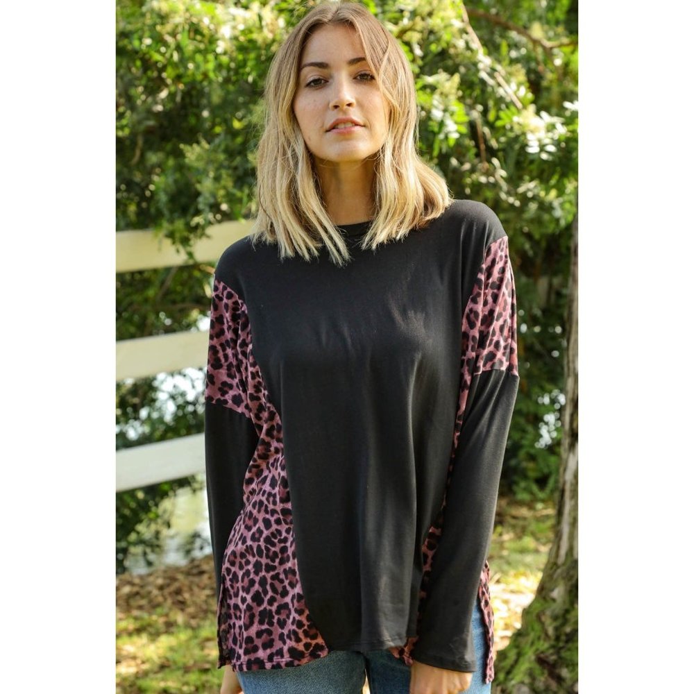 Leopard Print Color Block Dolman Loose Fit Top - Picture 6 of 10